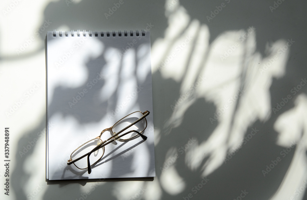 On a white background lies a spring notebook. On the notebook below   there are glasses. Chiaroscuro. Concept - Business. Copy space