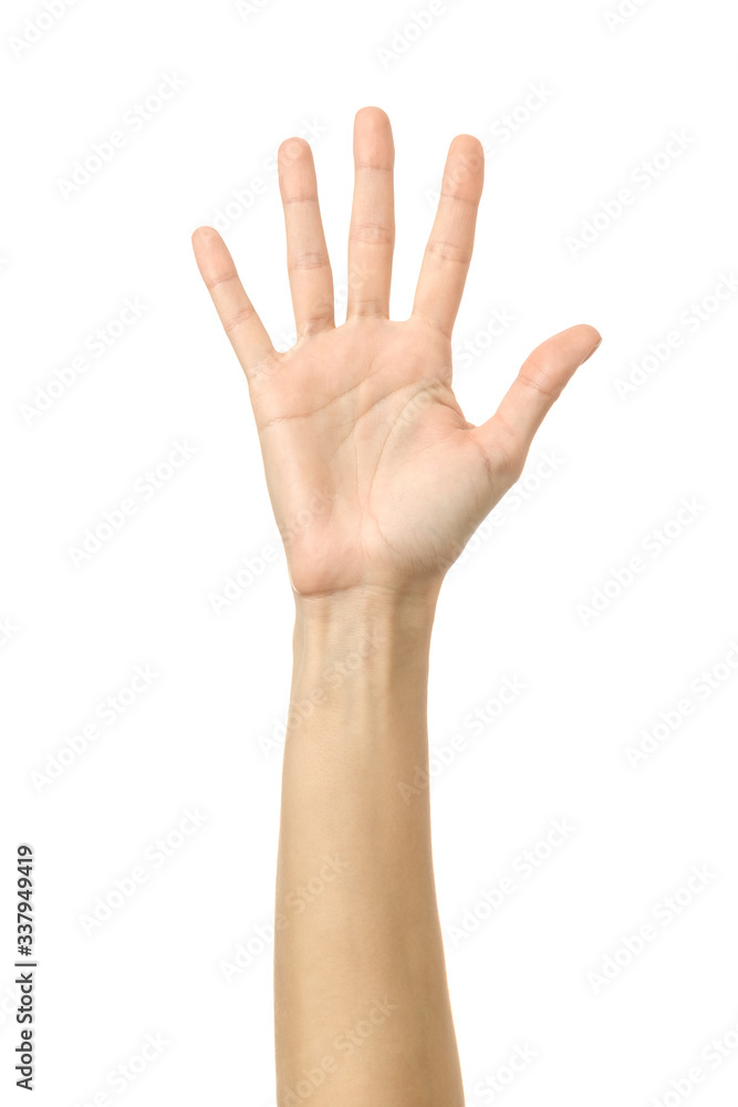 Number five. Woman hand gesturing isolated on white Number five. Woman hand gesturing isolated on white