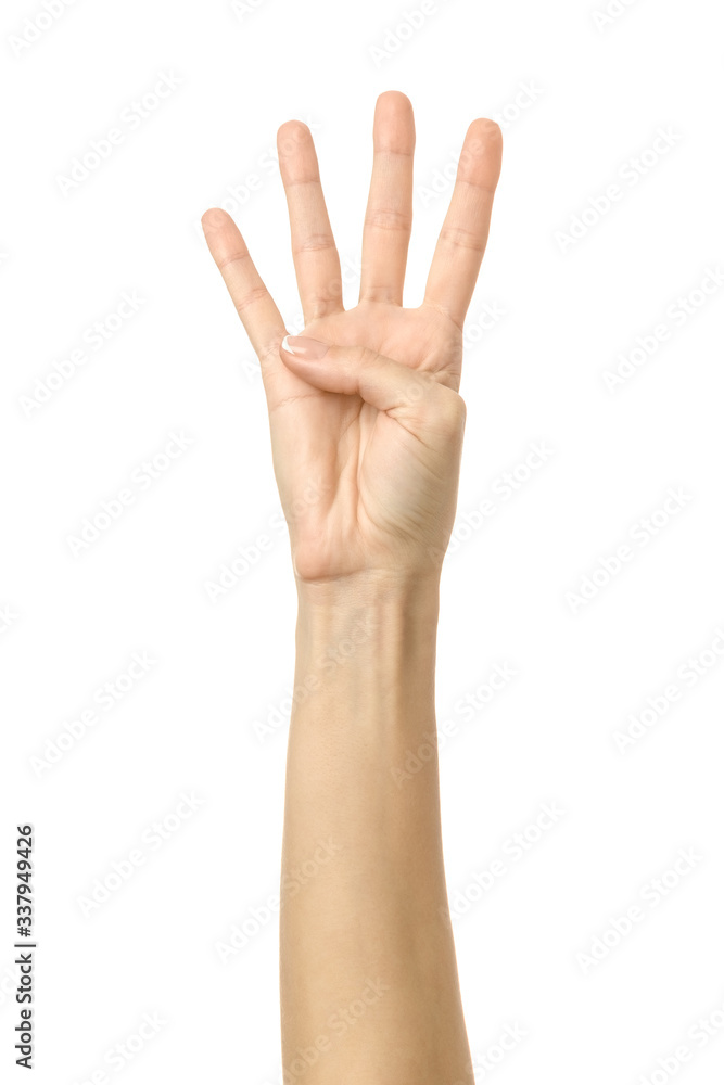 Number four. Woman hand gesturing isolated on white Number four. Woman hand gesturing isolated on white
