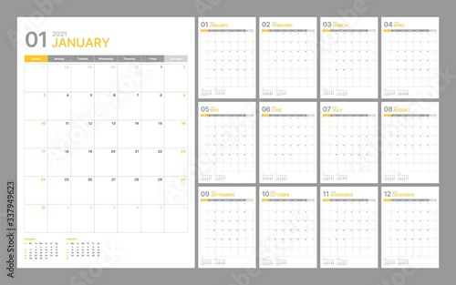 Wall calendar template for 2021 year. Planner diary in a minimalist style. Week Starts on Sunday. Monthly calendar ready for print.