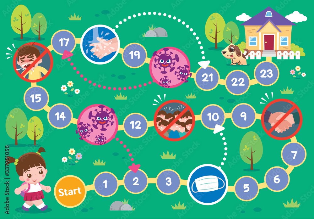 Board Game Kids to home. virus covid 19 concept Board Game Kids to home. virus covid 19 concept