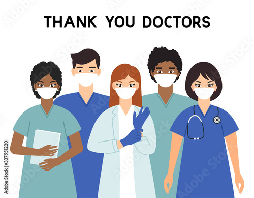 Thank you doctors healthcare worker and medical doctor nurse characters. Set of portraits of male and female medical workers. Thank you heroes, vector illustration. Coronavirus epidemic concept. 