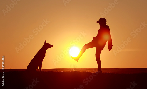 Silhouettes of a boy and a dog on a sunset background, a boy plays football with sun