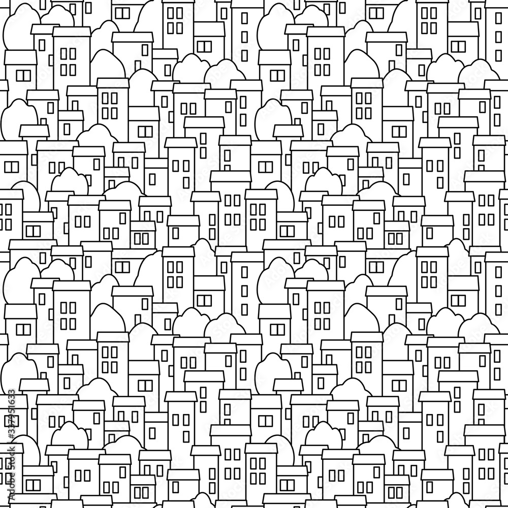Seamless urban background. Two-and three-story buildings. Vector city seamless pattern. Black and white pattern for fabric, paper coloring books