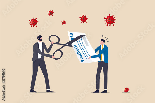 Coronavirus crisis make company to cut staff pay, cut salary to reduce cost make company, business to survive in COVID-19 collapse, boss business owner using scissors to cut employee pay check salary.