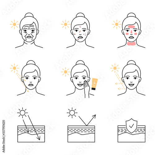 UV rays skin damage and protection vector icons