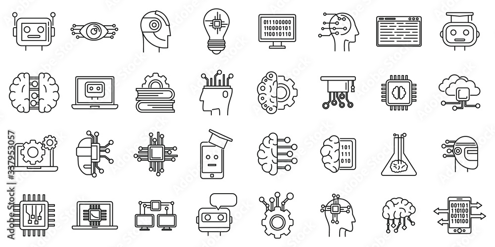 Science machine learning icons set. Outline set of science machine learning vector icons for web design isolated on white background