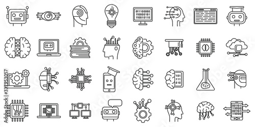 Science machine learning icons set. Outline set of science machine learning vector icons for web design isolated on white background