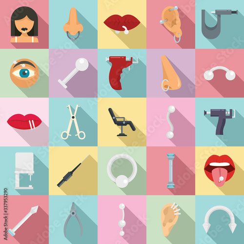 Piercing icons set. Flat set of piercing vector icons for web design