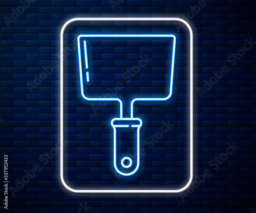 Glowing neon line Putty knife icon isolated on brick wall background. Spatula repair tool. Spackling or paint instruments. Vector Illustration