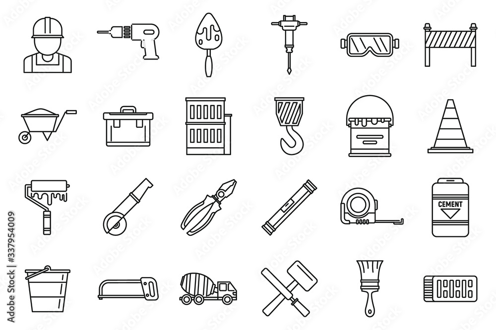 Fototapeta Modern building reconstruction icons set. Outline set of modern building reconstruction vector icons for web design isolated on white background