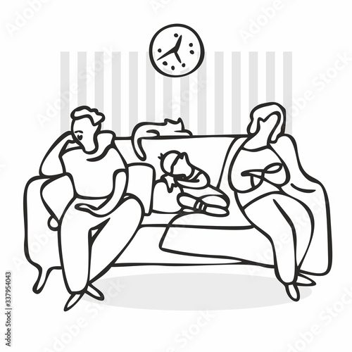 Family conflict. the girl is crying with her angry father and mother. A little girl is sad because her parents are fighting. Doodle style. Outline style