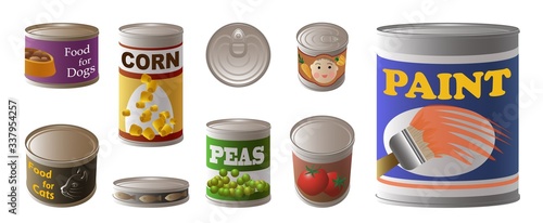 Tin can icons set. Cartoon set of tin can vector icons for web design