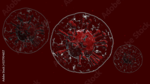 coronavirus (COVID-19) in air bubble floating around with other particles. Background virus cells 3D Rendering..