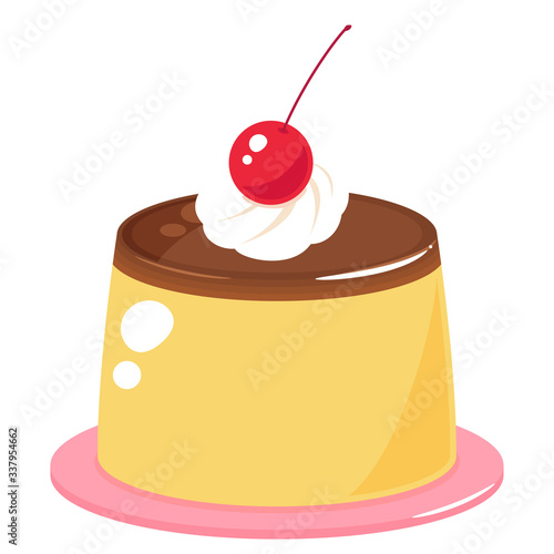 さくらんぼをのせた普通サイズのプリンのイラスト