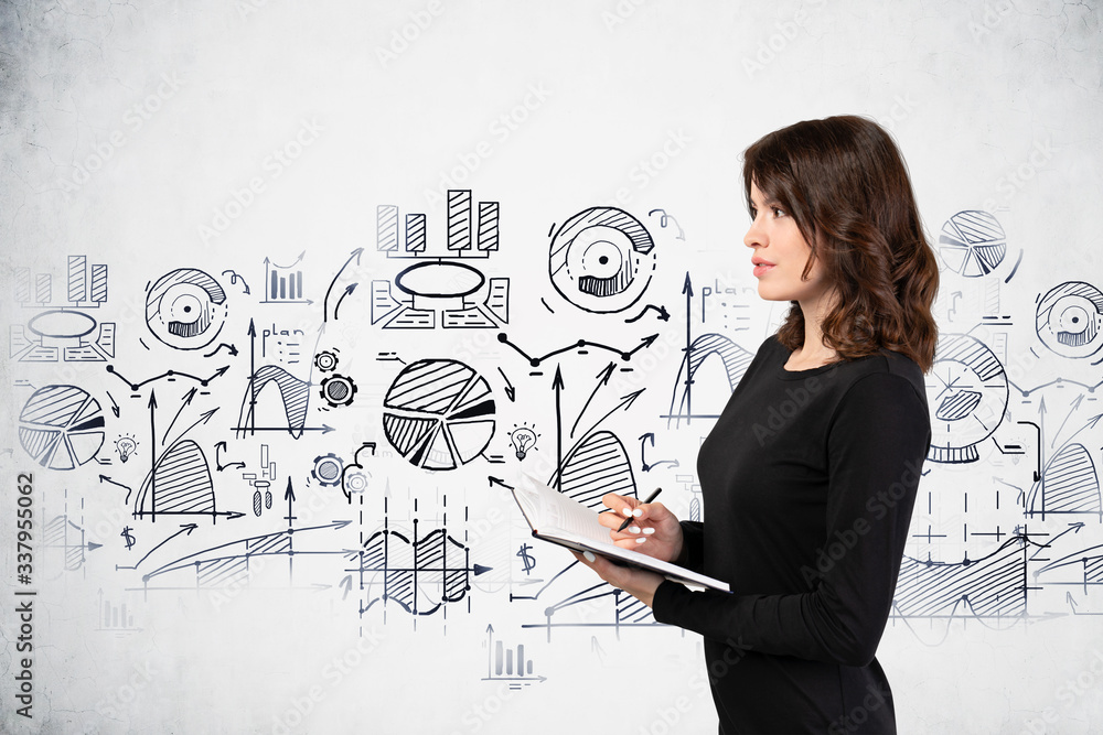 Woman making notes, graphs on wall Woman making notes, graphs on wall