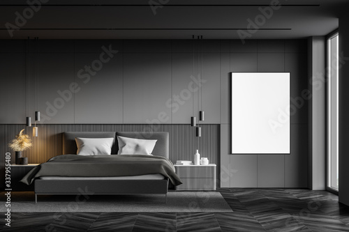 Gray master bedroom with vertical poster