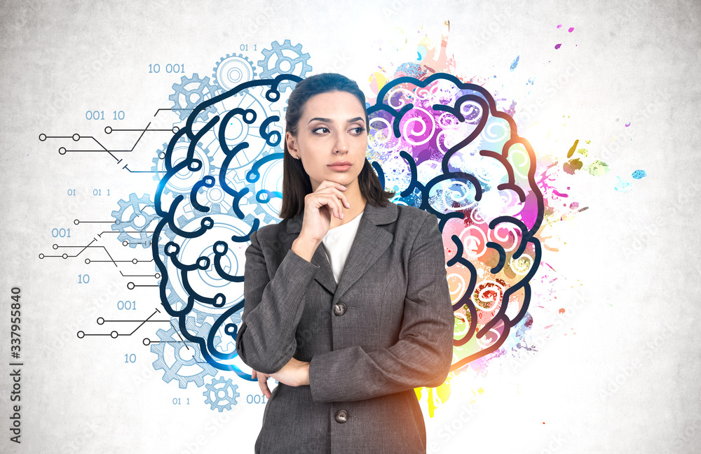 Thoughtful young woman, left and right brain Thoughtful young woman, left and right brain