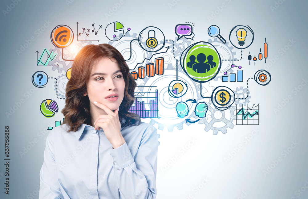 Pensive young woman and her business plan Pensive young woman and her business plan