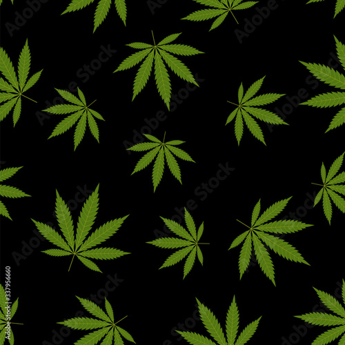 Cannabis seamless pattern. Marijuana leaf, green weed plant. Hashish texture, isolated black background. Hemp psychedelic grass. Fabric print for medical wallpaper. Simple design Vector illustration