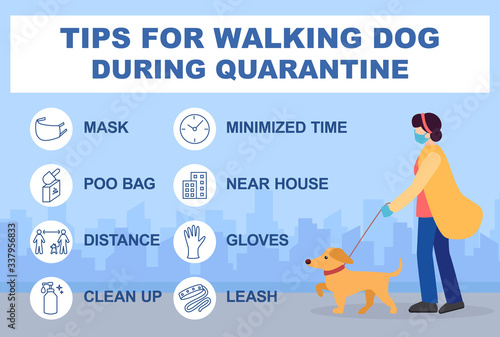 Tips for walking dog during quarantine coronavirus 2019-covid. Infographics  recommendations for walking outside. Masked woman dog collar. Gloves, distance, cleaning,bag poo, limit walking time