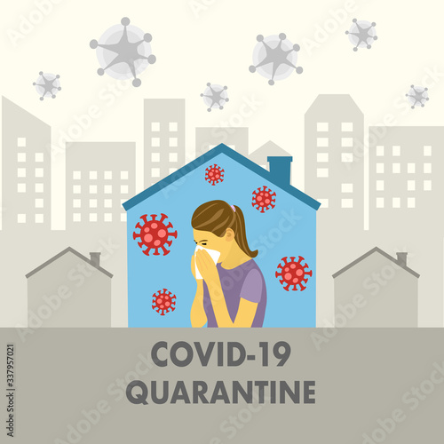 A woman infected Covid-19 Coronavirus disease and self isolation at home. Woman sneezing with virus cells around. Coronavirus pandemic and social distancing. Stay at home campaign to stop covid-19.