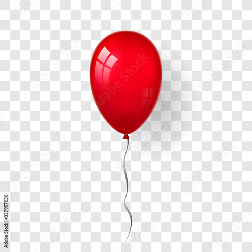 Red balloon 3D, thread, isolated white transparent background. Color glossy flying baloon, ribbon, birthday celebrate, surprise. Helium ballon gift. Realistic design happy bday Vector illustration