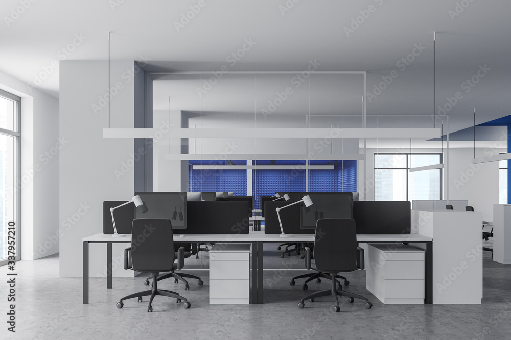 Fototapeta premium White and blue open space office interior