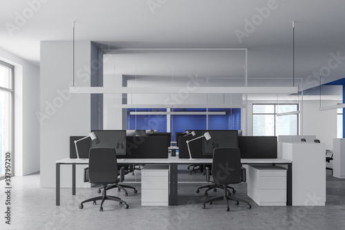 White and blue open space office interior