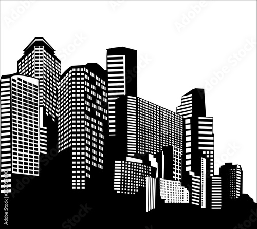 Vector illustration in simple minimal geometric flat style - city landscape with buildings. Isolated on white background