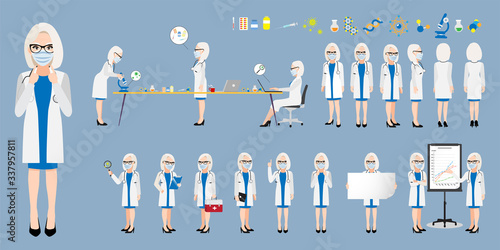 Cartoon character with a professional doctor or medical worker wearing medical mask on face in different poses to fight coronavirus on a blue background. Flat icon design vector