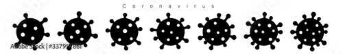 Coronavirus 2019-nCoV. Corona virus icon set. Black sign isolated white background. China pathogen respiratory infection. Design bacteria-cell. Influenza pandemic. Corona-virus. Vector illustration