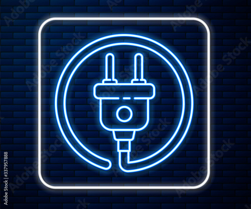 Glowing neon line Electric plug icon isolated on brick wall background. Concept of connection and disconnection of the electricity. Vector Illustration