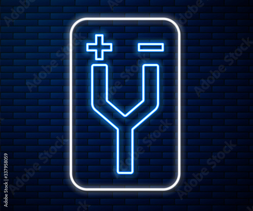 Glowing neon line Electric cable icon isolated on brick wall background. Vector Illustration