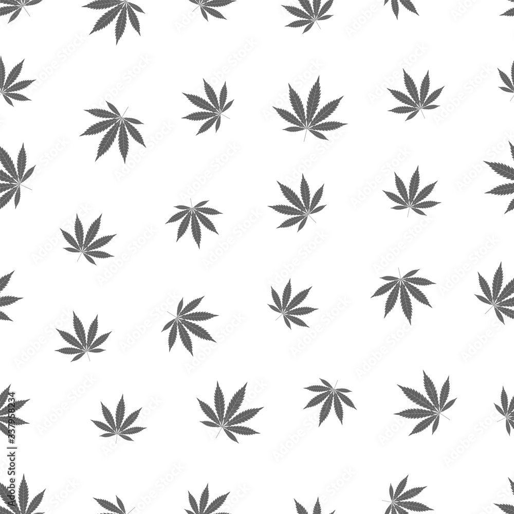 Cannabis seamless pattern. Marijuana leaf, gray weed plant. Hashish texture, isolated white background. Hemp psychedelic grass. Fabric print for medical wallpaper. Simple design Vector illustration