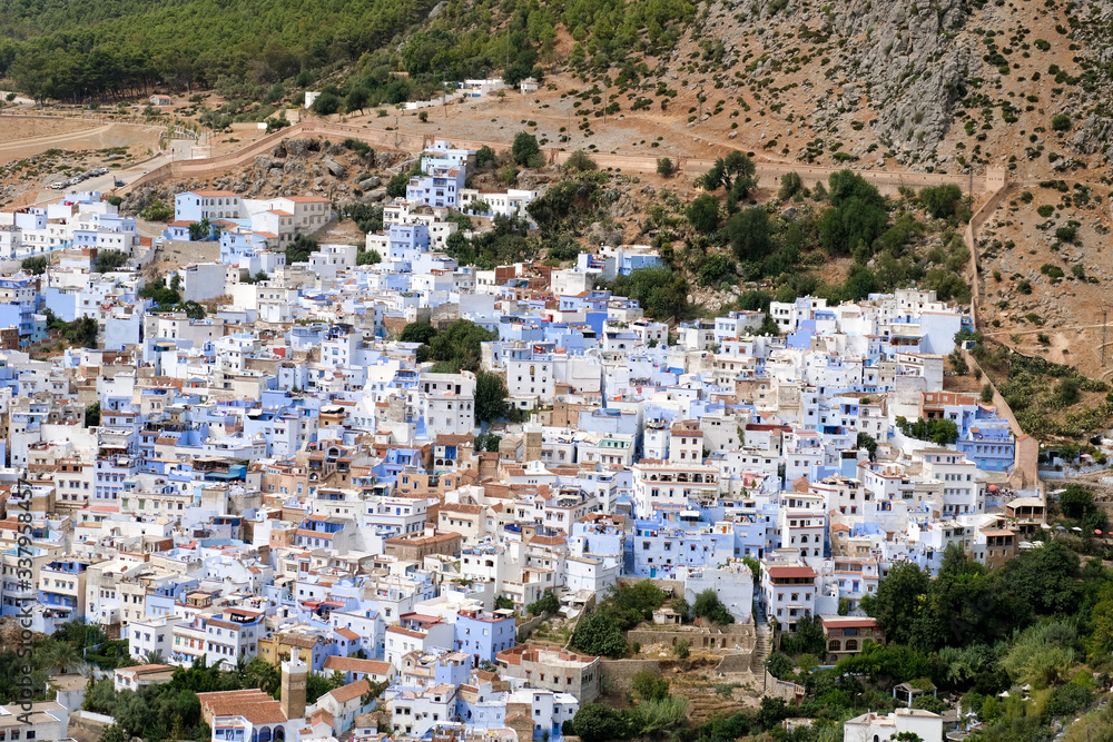 Aerial view of blue city of Chefchaouen in Morocco.