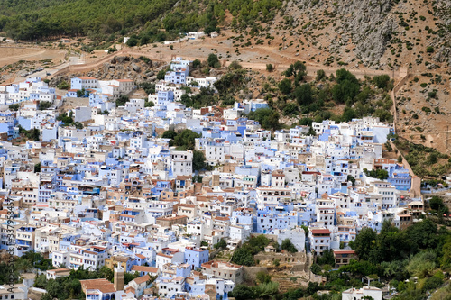 Aerial view of blue city of Chefchaouen in Morocco.