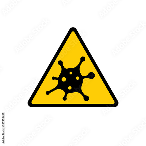 Coronavirus 2019-nCoV. Corona virus attention icon. Yellow triangle sign isolated white background. Pathogen respiratory infection. Bacteria-cell. Influenza pandemic. Corona-virus. Vector illustration