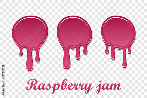 Red raspberry drip confiture 3D set. Berry sweet jam spot isolated white transparent background. Drips flowing stain. Drop realistic design. Syrup strawberry melted sauce splash Vector illustration
