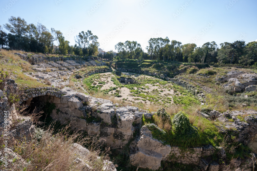 Roman amphitheater. Archaeological Park of Neapolis, Syracuse, Sicily, Italy