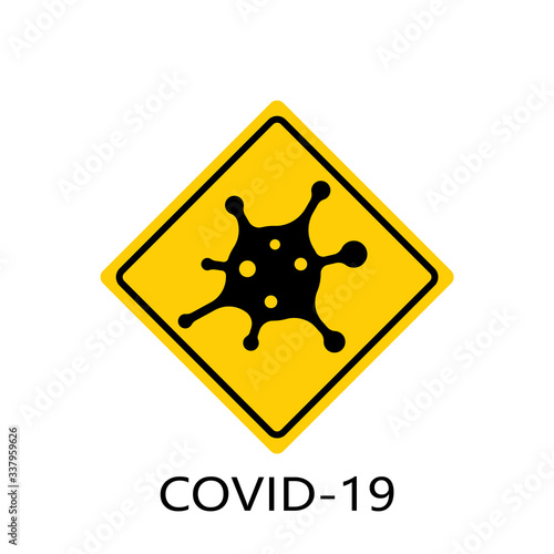 Coronavirus 2019-nCoV. Corona virus attention icon. Yellow rhombus sign isolated white background. Pathogen respiratory infection. Bacteria-cell. Influenza pandemic. Corona-virus. Vector illustration