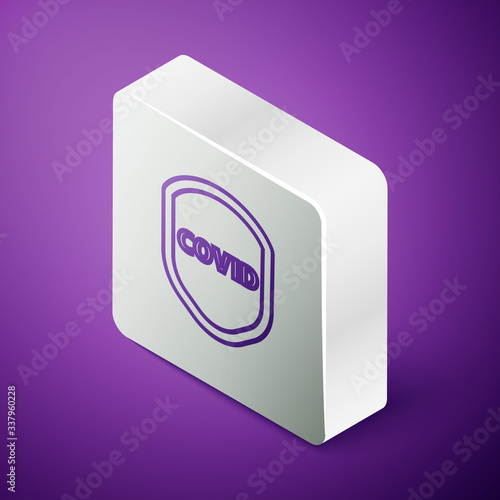 Isometric line Shield protecting from virus, germs and bacteria icon isolated on purple background. Immune system concept. Corona virus covid-19. Silver square button. Vector Illustration