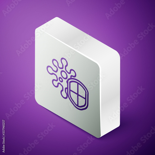 Isometric line Shield protecting from virus, germs and bacteria icon isolated on purple background. Immune system concept. Corona virus 2019-nCoV. Silver square button. Vector Illustration