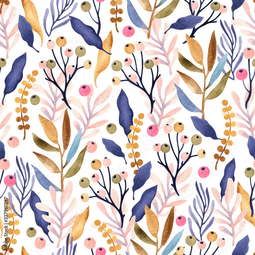Decorative plants, herbs, berries and leaves. Abstract watercolor. Hand drawn seamless pattern. Design for textiles, souvenirs, fabrics, packaging and greeting cards and more.