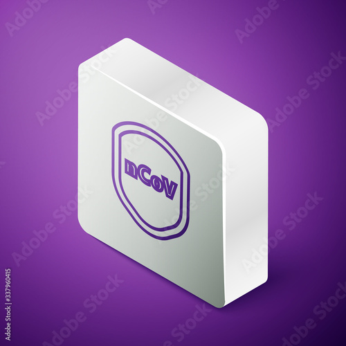 Isometric line Shield protecting from virus, germs and bacteria icon isolated on purple background. Immune system concept. Corona virus 2019-nCoV. Silver square button. Vector Illustration