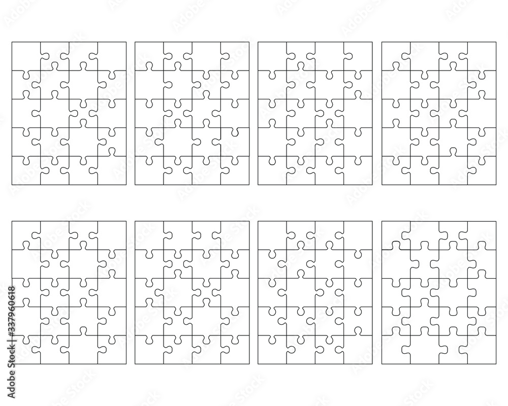 Illustration of eight white different puzzles, separate pieces Illustration of eight white different puzzles, separate pieces