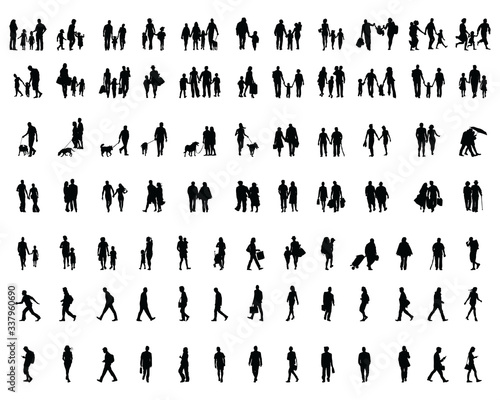 Black silhouettes of people walking, illustration on a white background