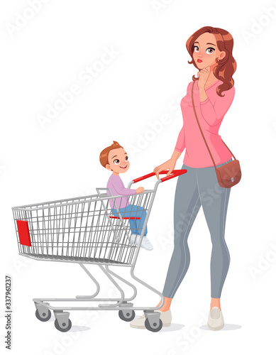 Thinking mother with son sitting in shopping cart. Isolated vector illustration.