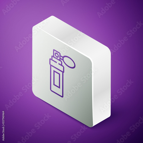Isometric line Perfume icon isolated on purple background. Silver square button. Vector Illustration