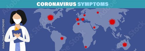 Coronavirus outbreak, COVID-19 vectorillustration symptoms infection, influenza background with dangerous flu strain cases as pandemic medical health, risk concept with disease cells.